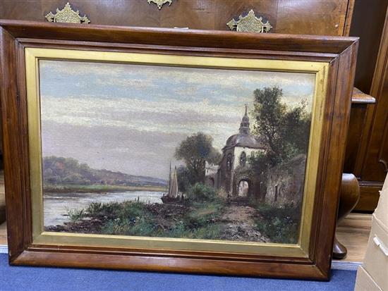 A. Hulk Jnr, oil on canvas, River landscape with figures beside a church, signed, 40 x 60cm